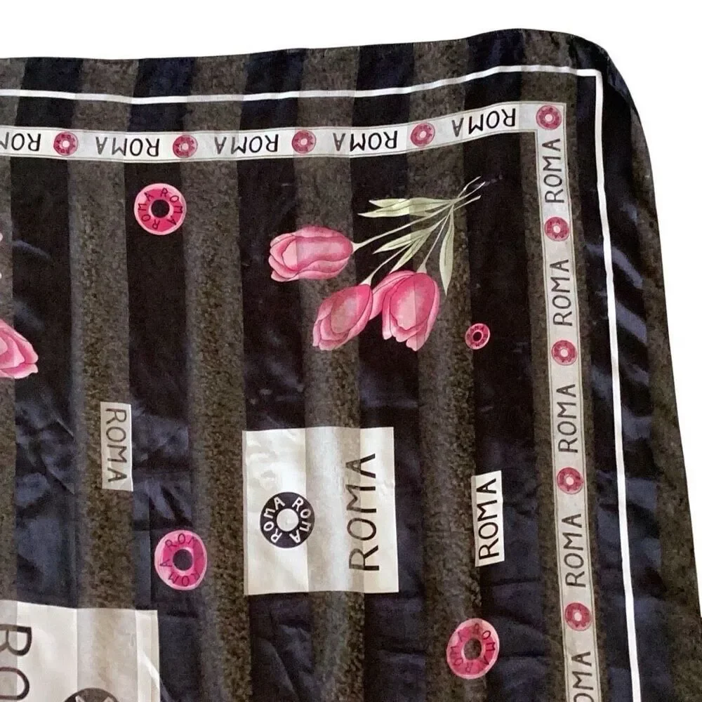 Vintage Roma Rome Souvenir Square Scarf 39” Black Pink Tulips